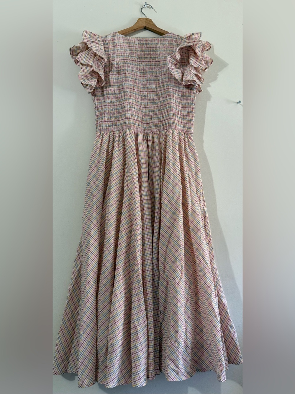Ivy City Co Pink Plaid Ruffle Sleeve Smocked Midi Dress - Picture 4 of 6